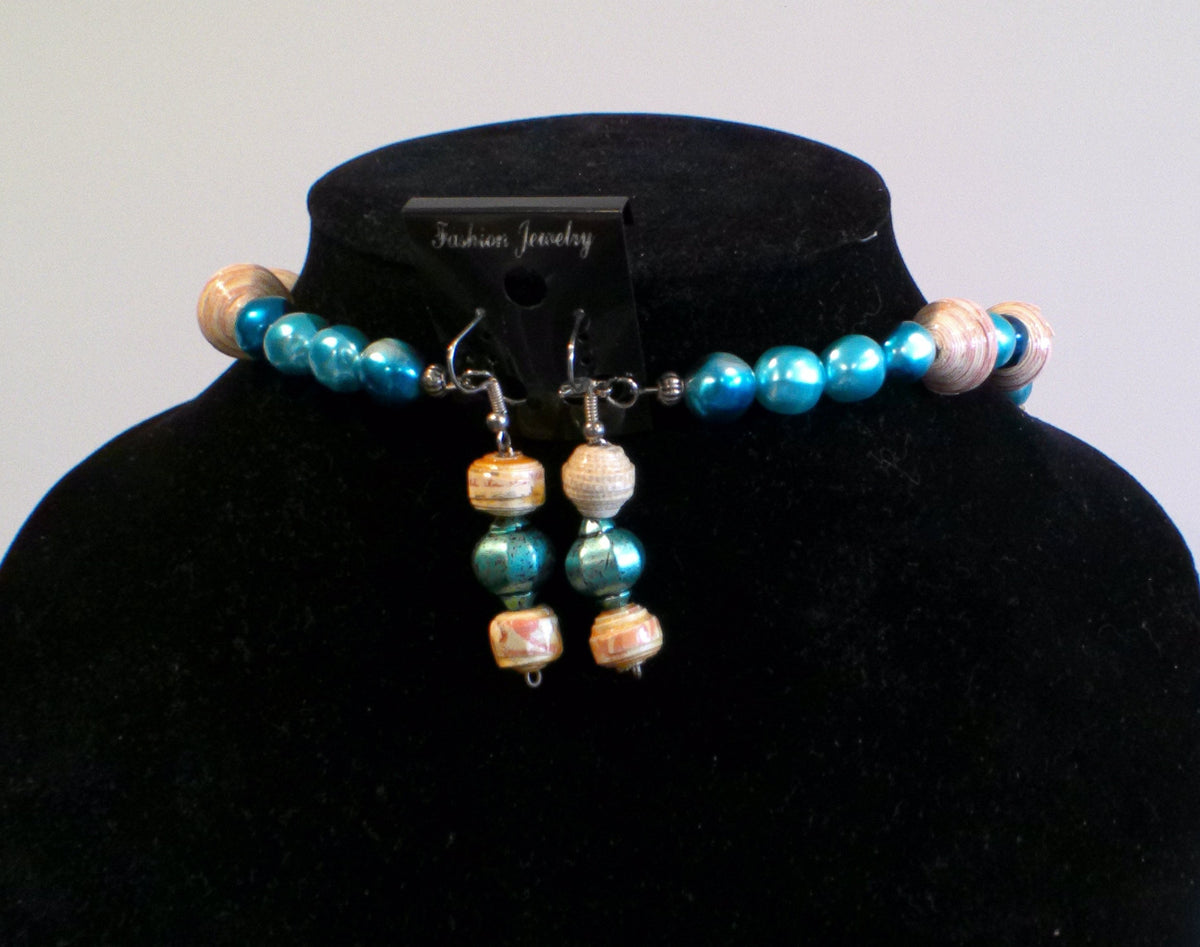 BLUE & BIEGE PAPER BEAD NECKLACE
